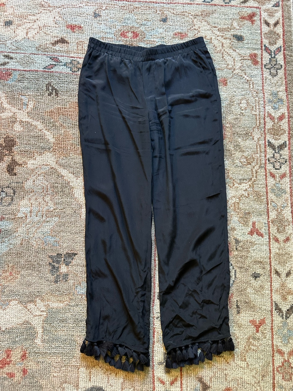 Club Monaco Black Wide-Leg Pants with Tassel Hem- 100% silk